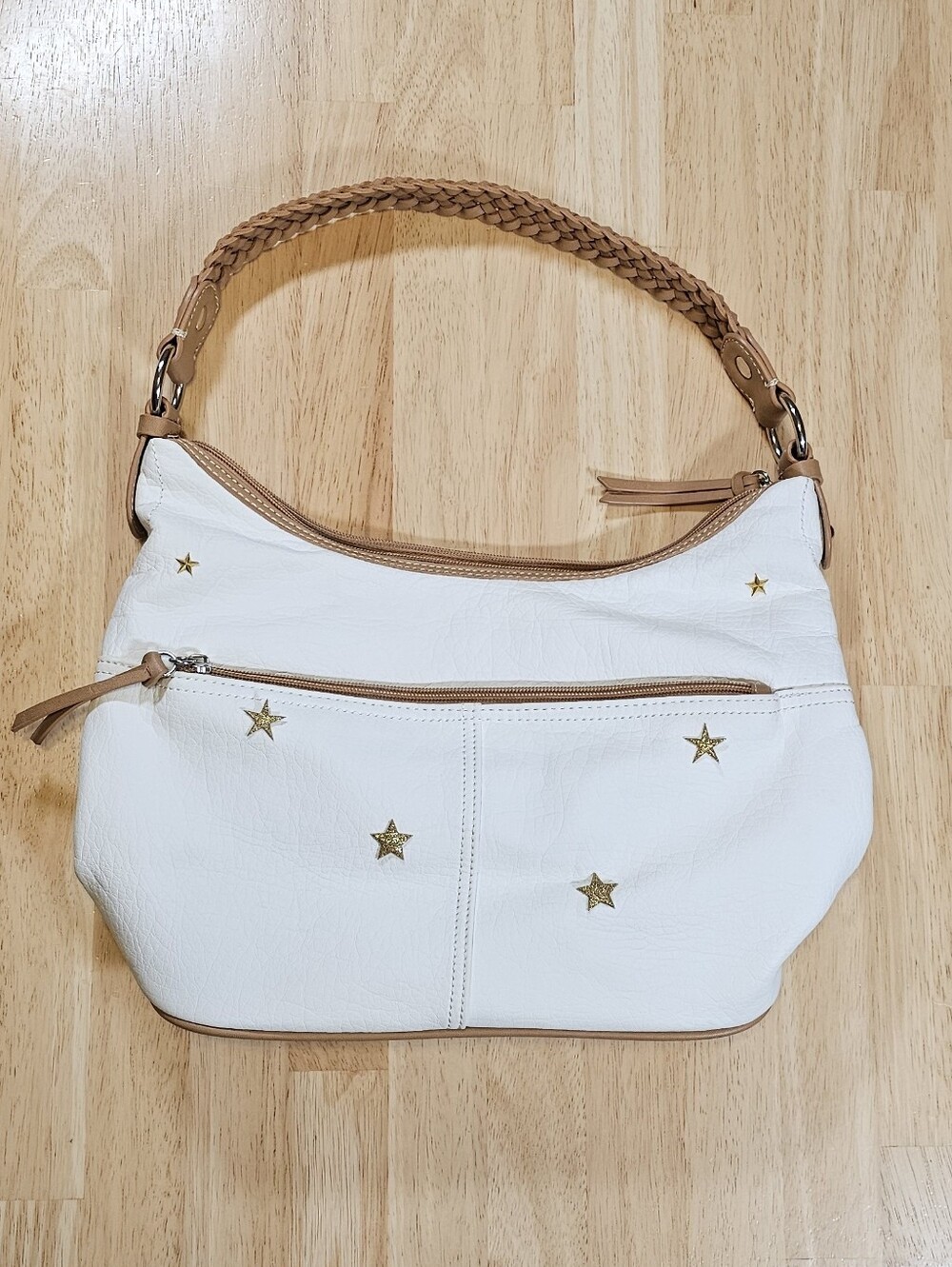 Gold Star Braided Strap White Shoulder Purse